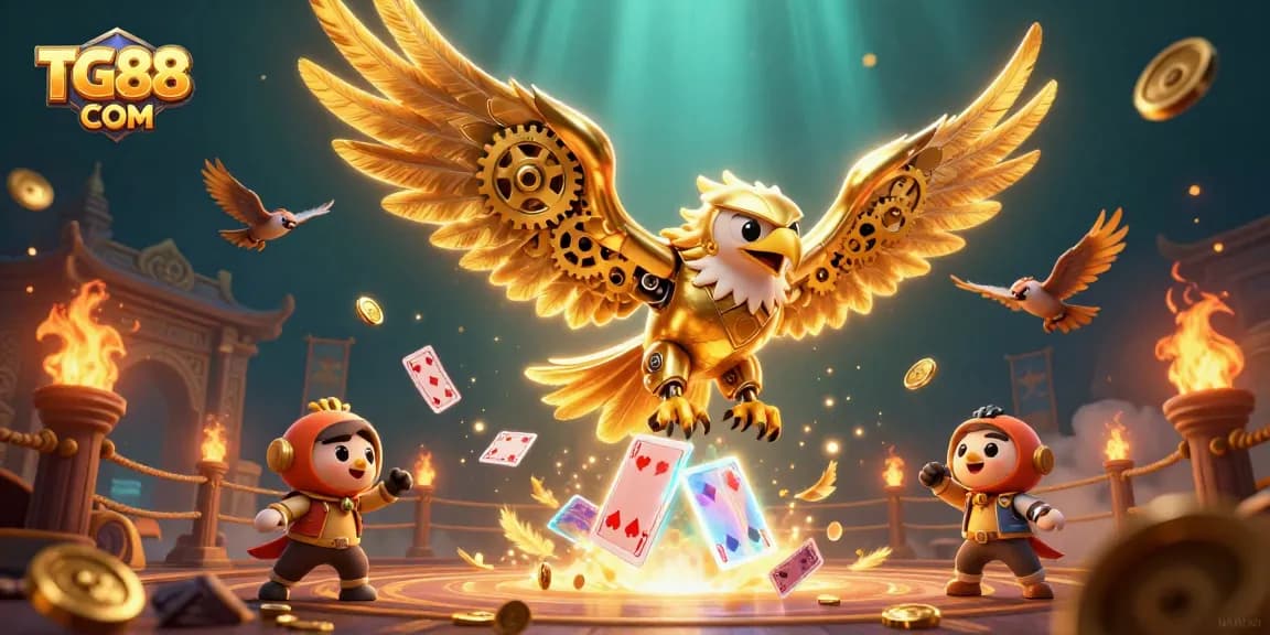 Experience thrilling gaming with TG88 COM as a cybernetic eagle navigates holographic cards in a vibrant casino scene.