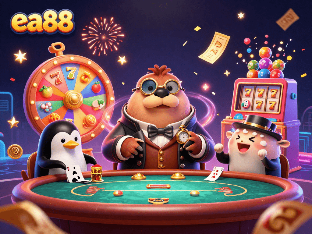 ea88 casino gaming scene with a jolly walrus, a penguin dealer, and a bluffing pufferfish
