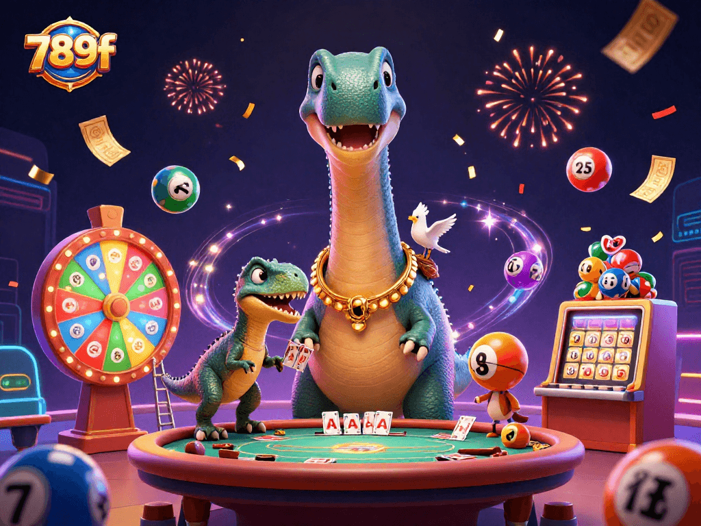 Experience the excitement of 789f casino with a vibrant 3D illustration of playful characters and dynamic gaming elements.