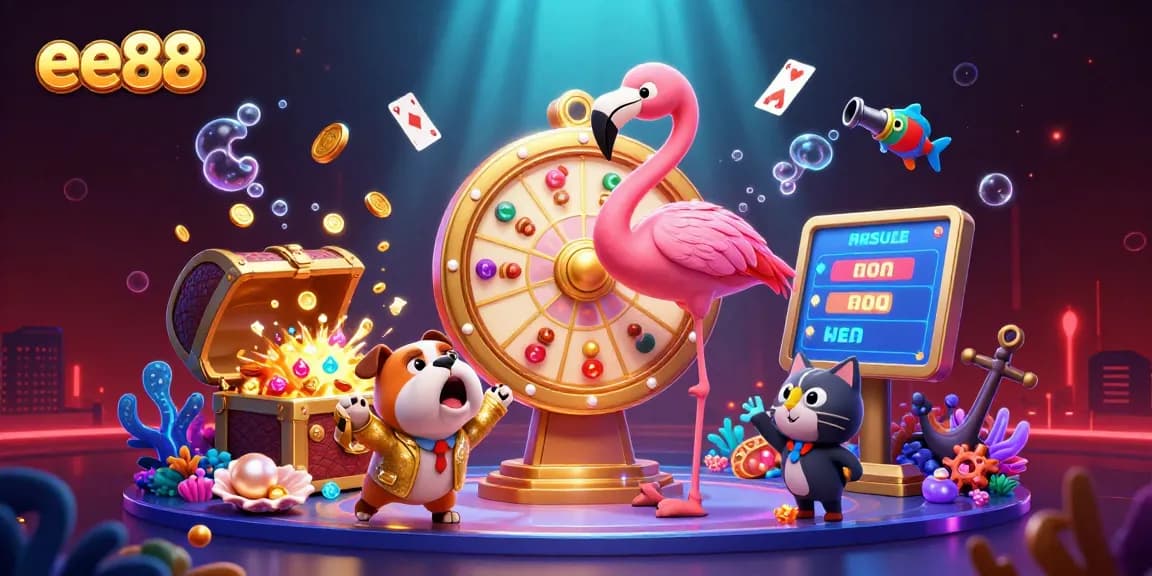 Spin to win on ee88: Excited bulldog contestant and flamingo host amid casino treasures.
