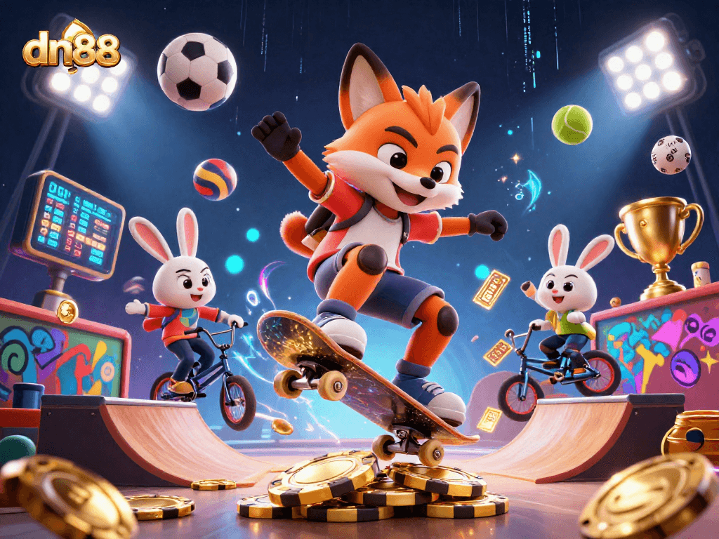 dn88 presents an exciting gaming scene with a skateboarder fox and BMX rabbit amidst vibrant casino elements.