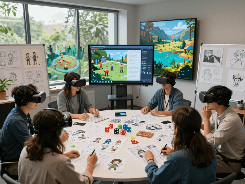 Engaged participants in an ai roleplay workshop with VR headsets and interactive storyboards.