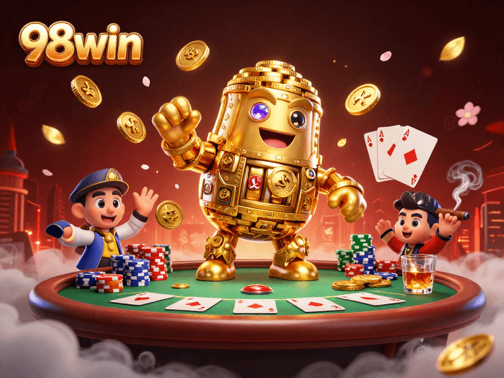 Experience thrilling wins at 98win with a magical golden golem surrounded by vibrant casino action.