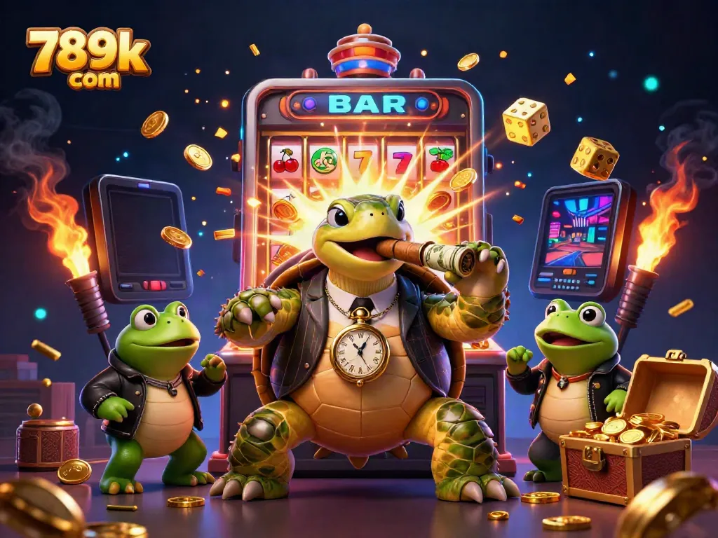 Engage in thrilling gaming at 789k com with a vivid illustration of a turtle in a casino adventure.