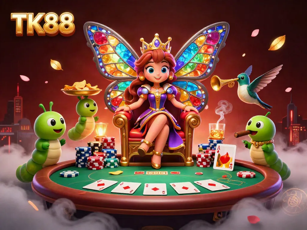 Experience the vibrant world of TK88 with a butterfly queen, poker elements, and captivating casino ambiance.