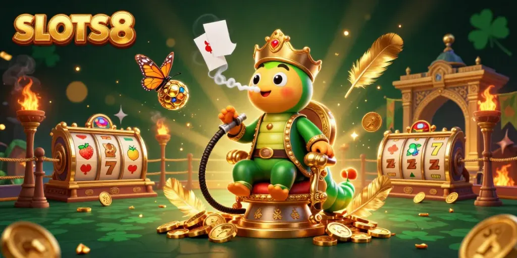 Experience the excitement of SLOTS8 with a vibrant 3D casino scene showcasing the characters amidst slot reels.