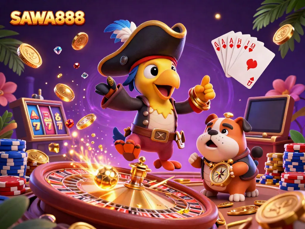 Experience SAWA888 with a pirate captain, bulldog, and cat amidst dynamic casino elements.