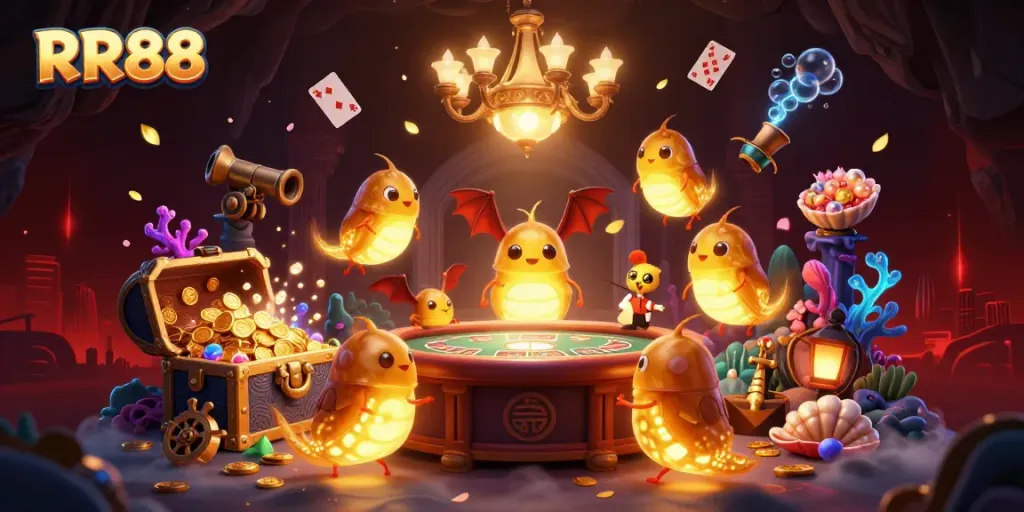 Experience dazzling adventures with RR88's glowworms lighting up an exciting casino scene.