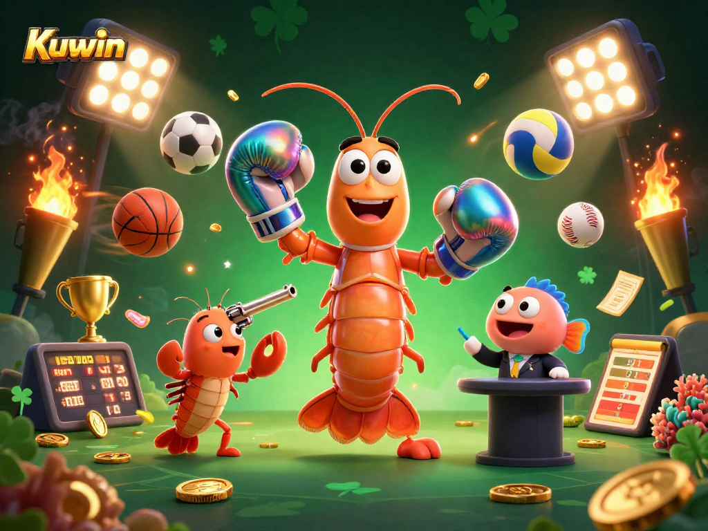 Kuwin showcases a dynamic scene with cartoon shrimp characters surrounded by sports betting elements and golden trophies.