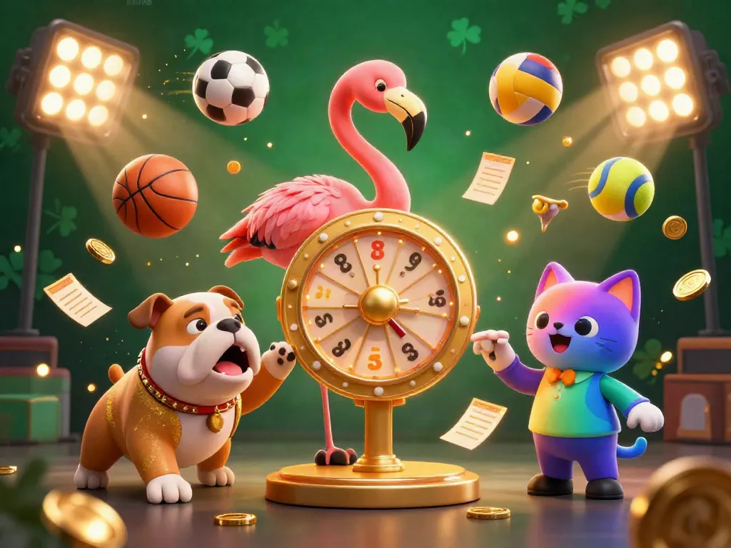 Join the excitement at link f168 as a flamingo host spins a golden prize wheel, surrounded by thrilling sports elements.