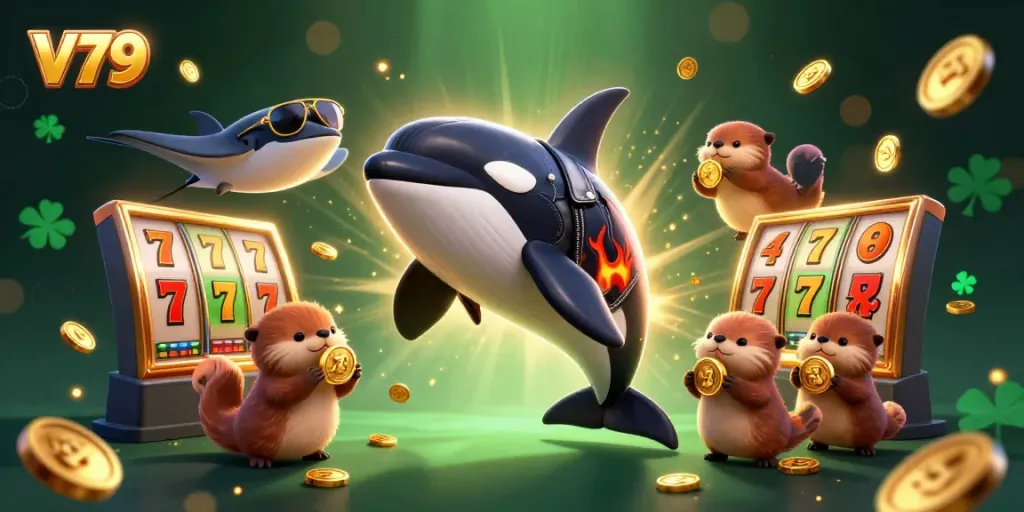 Experience V79's thrilling slot action with a colorful underwater scene featuring playful characters and dazzling gold coins.