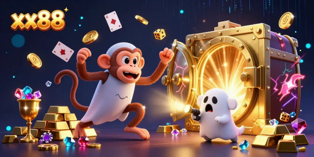 Engage with the spirited chases and jackpots at xx88 in this vibrant 3D casino illustration showcasing dynamic characters and golden treasures.