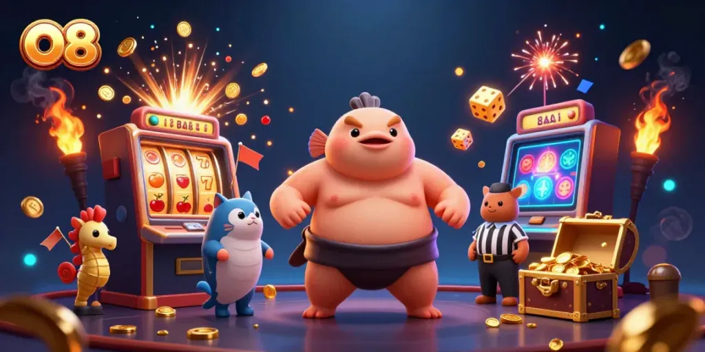 Experience big wins at O8 with an exciting slot machine jackpot explosion and vibrant underwater characters.