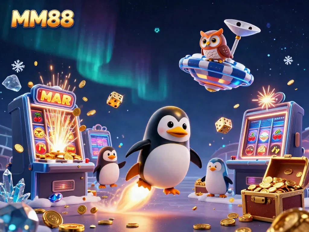 Experience the thrill of MM88 with a golden penguin soaring toward a casino in space, surrounded by jackpot elements.