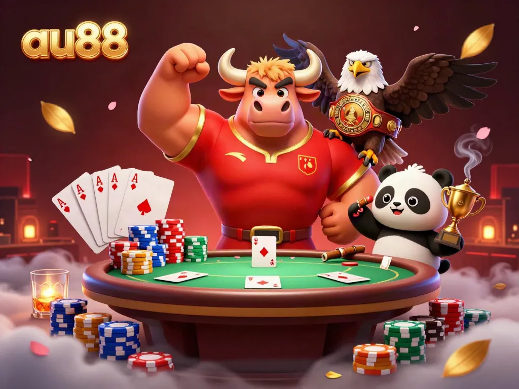 Engage with au88's vibrant casino atmosphere featuring a bull, eagle, and panda celebrating poker.