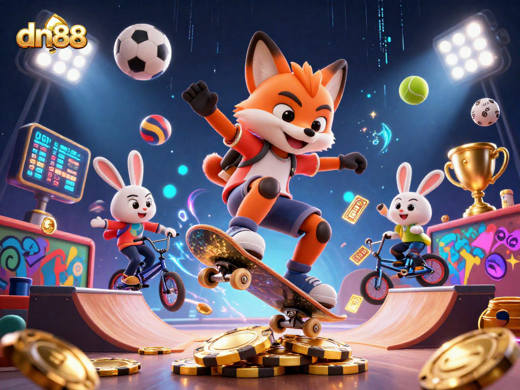 dn88 presents an exciting gaming scene with a skateboarder fox and BMX rabbit amidst vibrant casino elements.