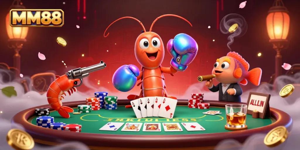 Experience thrilling gameplay with MM88 as a 3D mantis shrimp and friends surround a poker table with cards and chips.