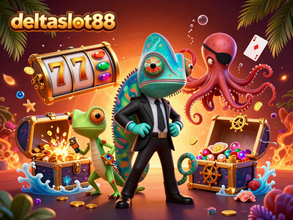 Engage with deltaslot88's vibrant casino scene illustrating characters amidst slot jackpot excitement and treasures