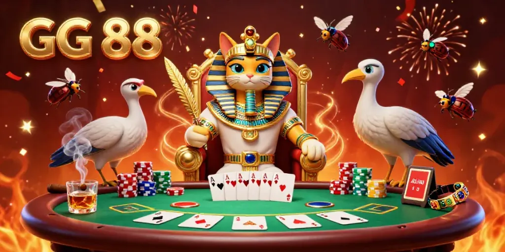 Engage with GG 88 in this vibrant casino-themed 3D artwork featuring Egyptian characters with poker elements.