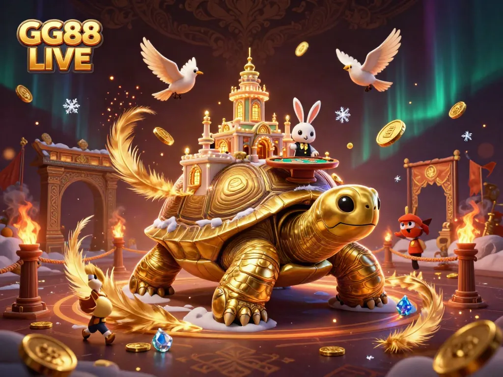 Experience thrilling action at GG88 LIVE with a vibrant casino scene featuring a golden tortoise and dealer.