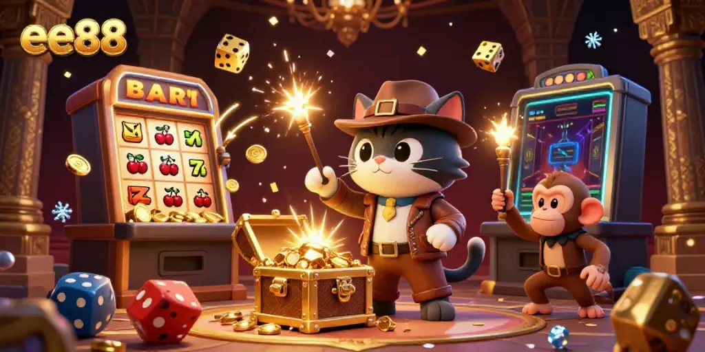 Experience thrilling moments with ee88 in a vibrant 3D casino adventure scene filled with excitement.