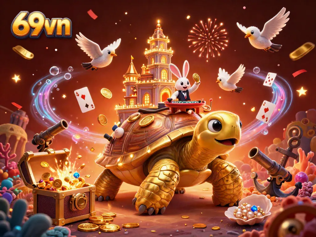 Experience thrilling games at 69vn with dynamic golden tortoise casino illustration and vibrant elements.
