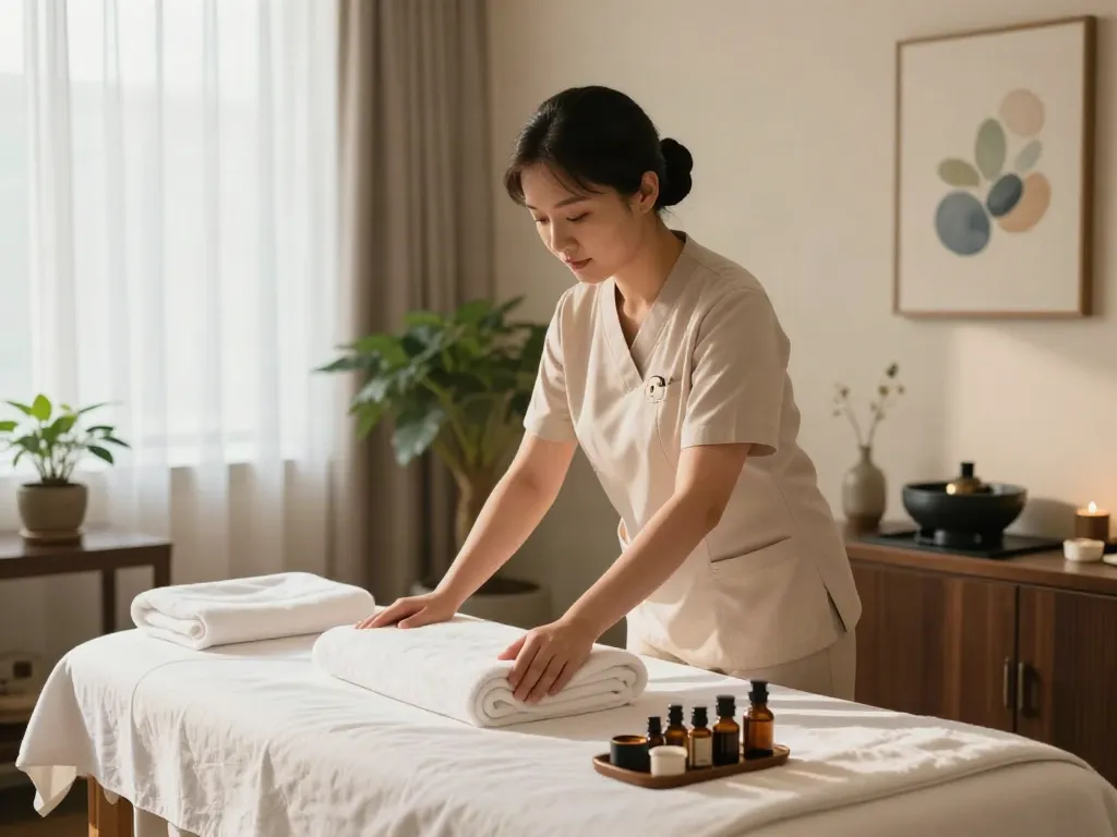 Massage therapist preparing serene room for 구리출장안마 session with soothing decor.