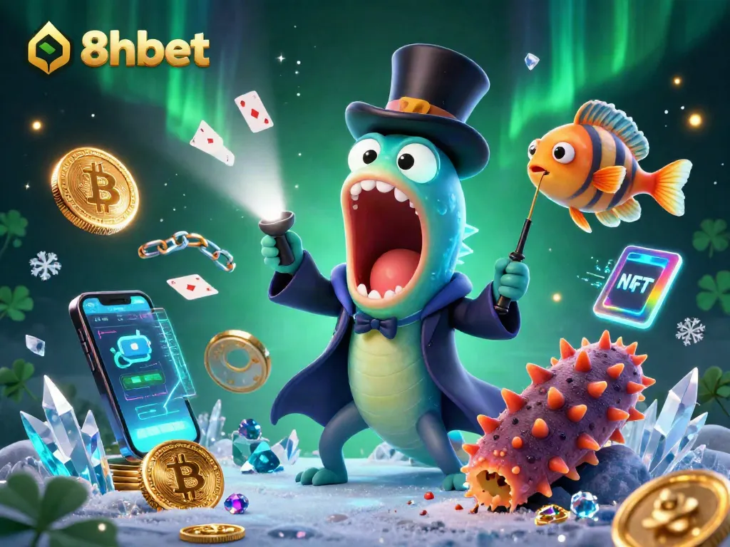 Engage with 8xbet through a vibrant magical casino scene featuring sea creatures and crypto elements.