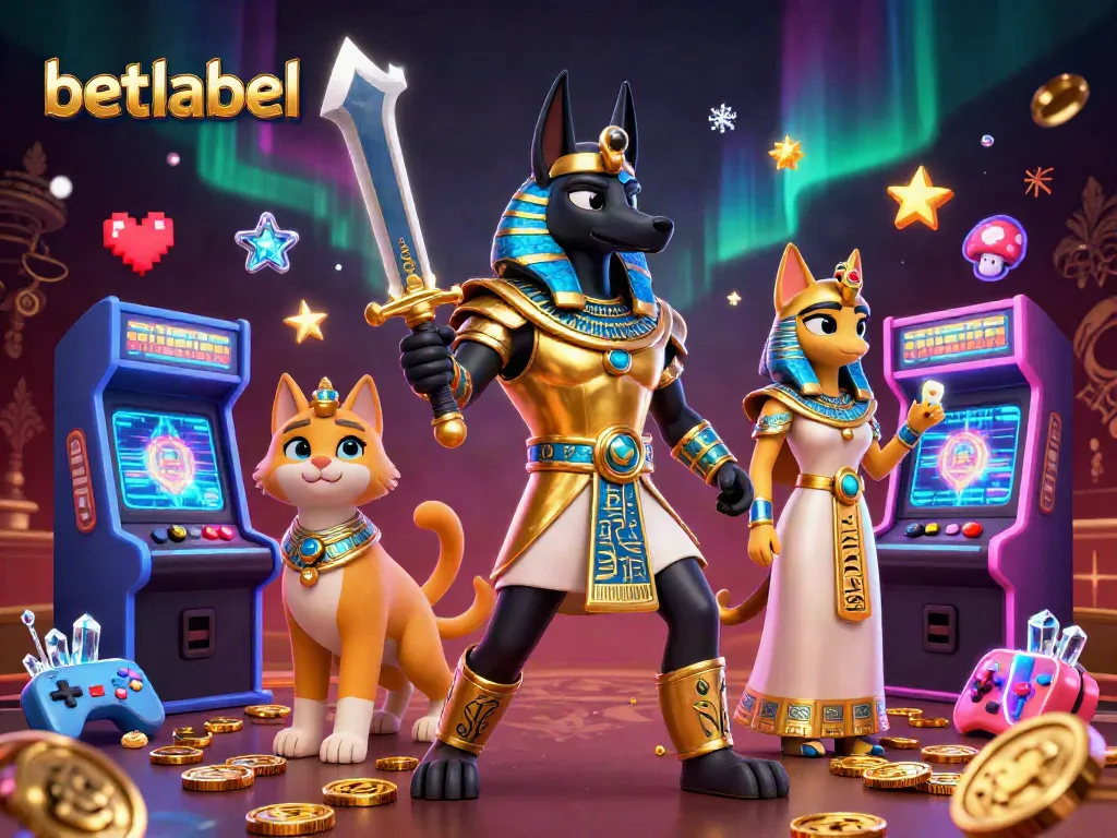 Betlabel casino illustration featuring Anubis warrior, vibrant slots, and gaming elements.