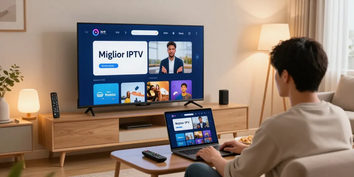 Miglior IPTV streaming setup in a cozy living room with smart TV, laptop, and snacks.