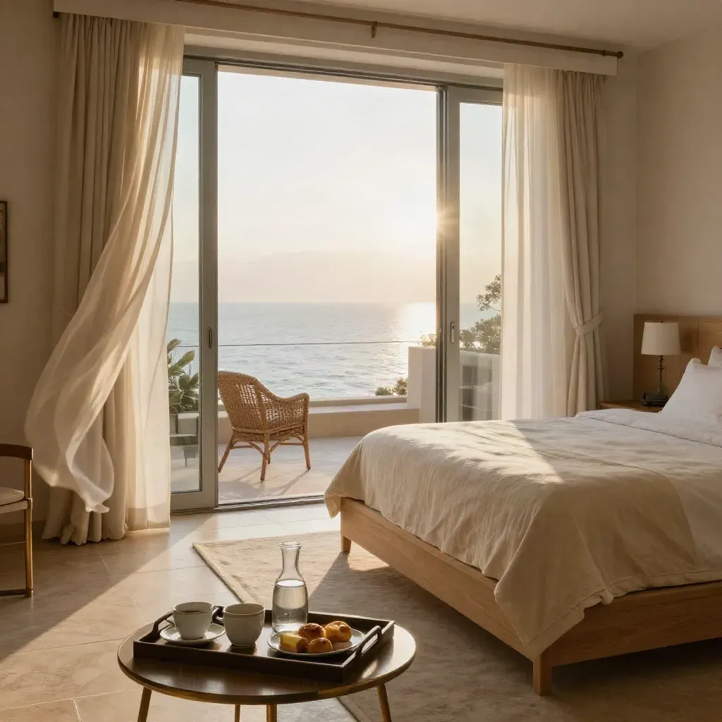 Suite vista mare con letto king, tende mosse dal vento e colazione sul balcone.