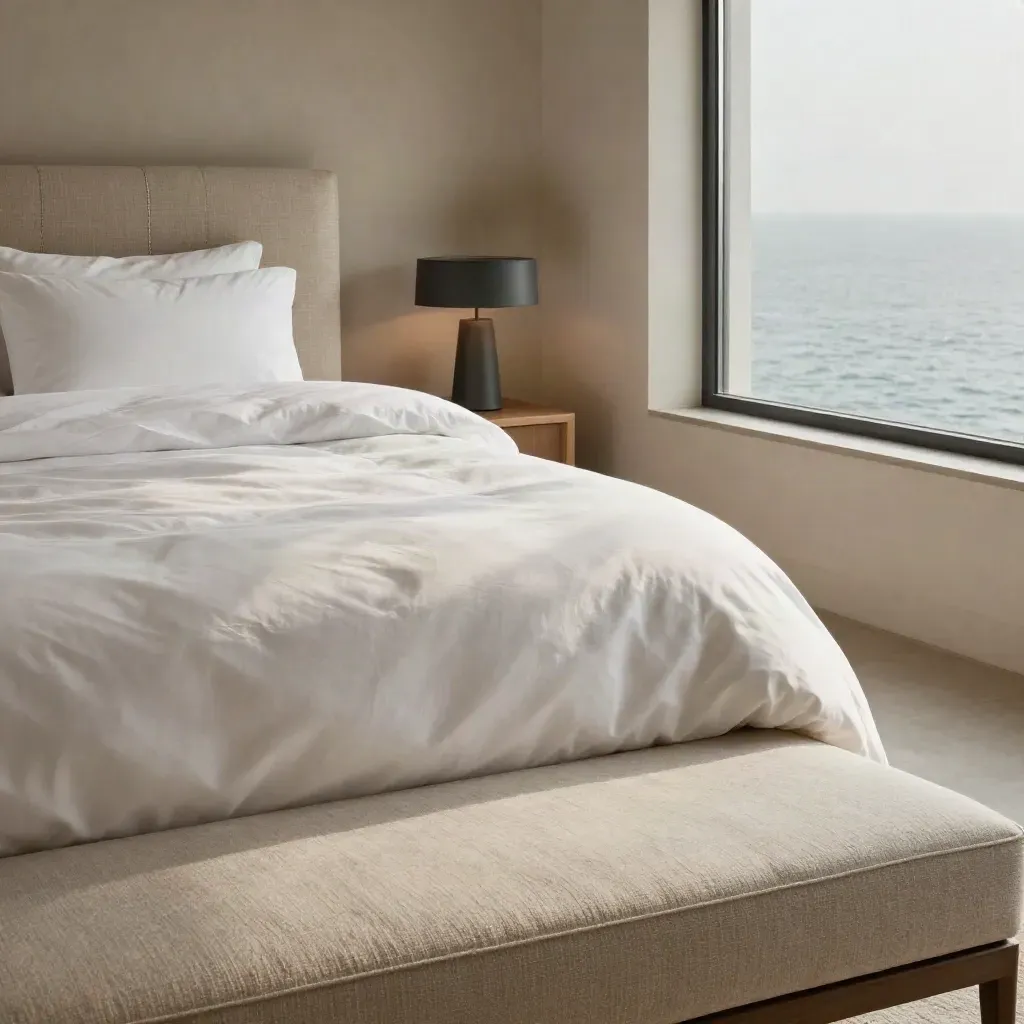 Primo piano di letto king, testata tessuta, chaise longue e luce di mare nella suite.