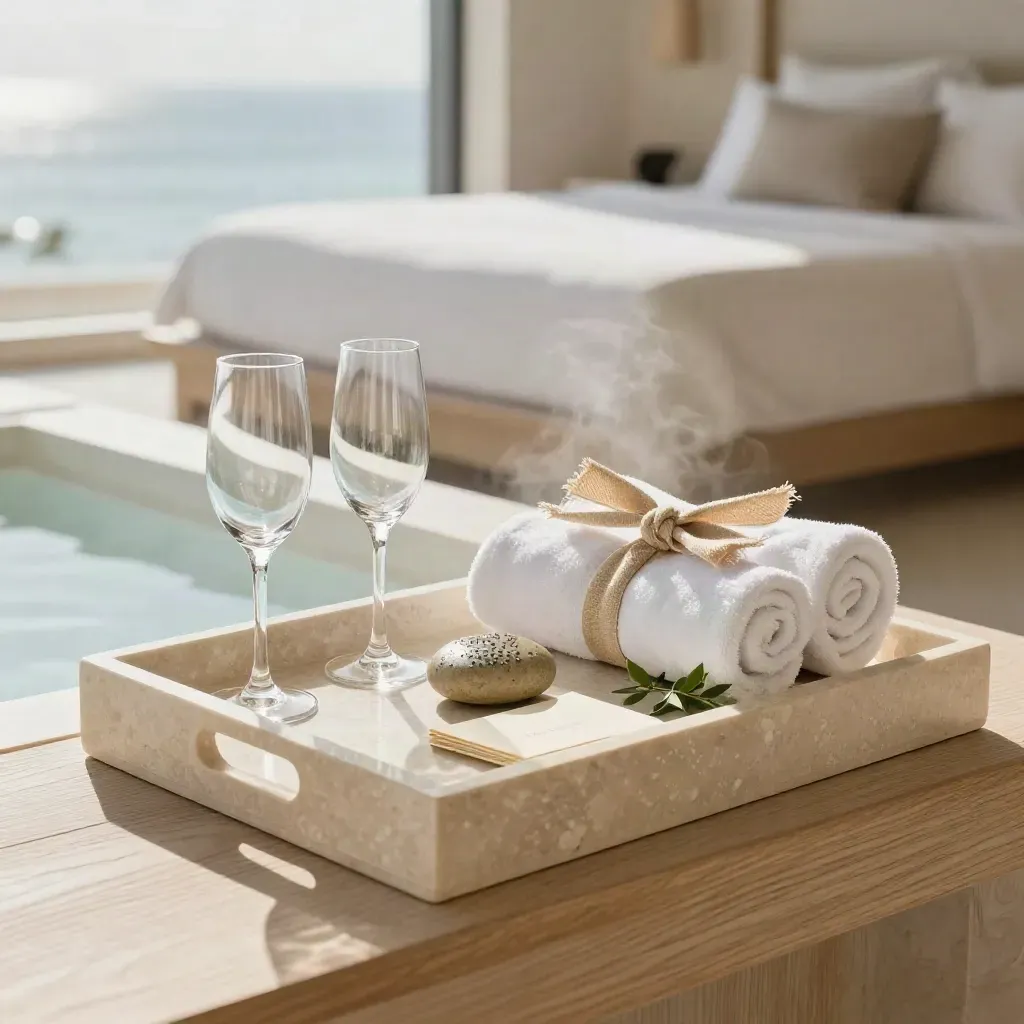 Vassoio di benvenuto in suite con flûte, asciugamani arrotolati e vapore spa su travertino.