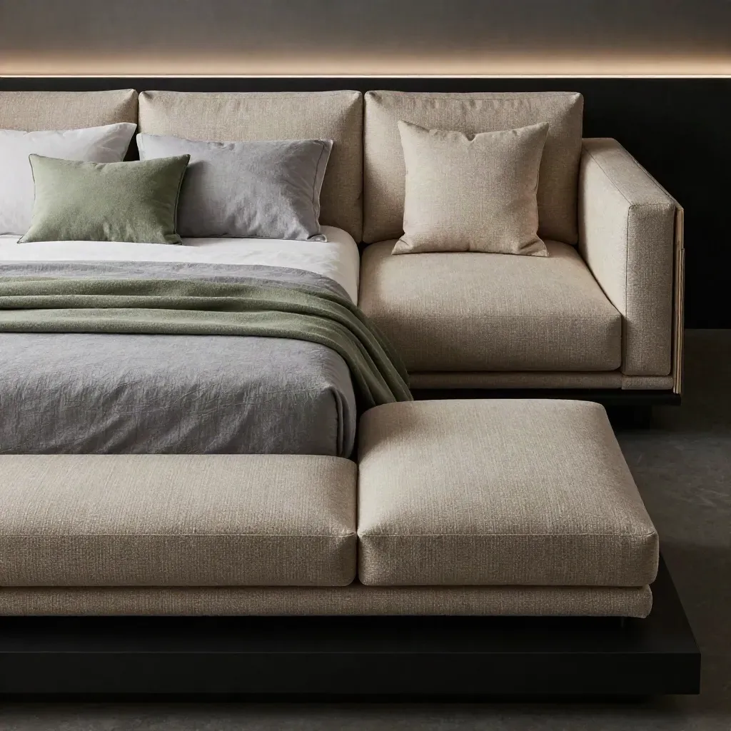 Camera famiglia comfort con letto e divano letto, tessuti salvia e grigio su sfondo scuro