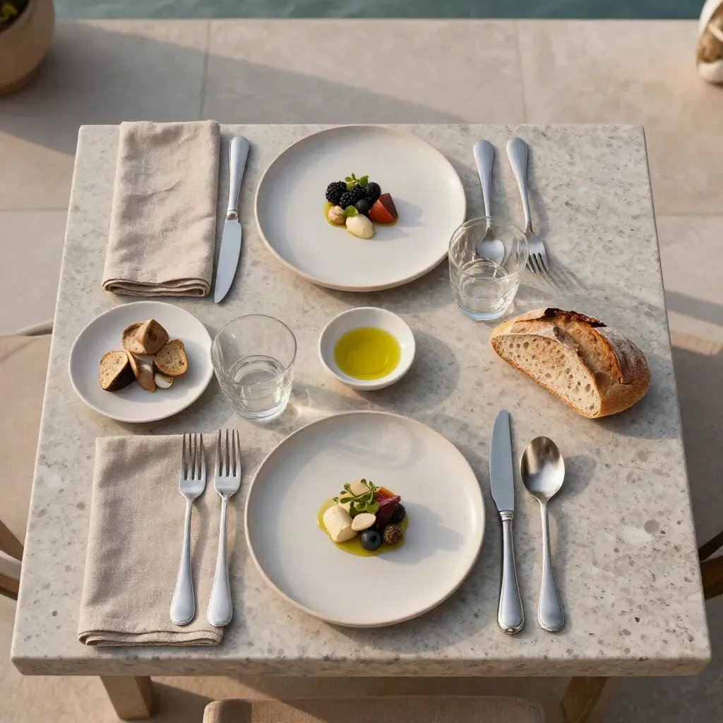 Tavola mediterranea vista dall’alto con piatti semplici, bicchieri, posate e pane su pietra sabbia