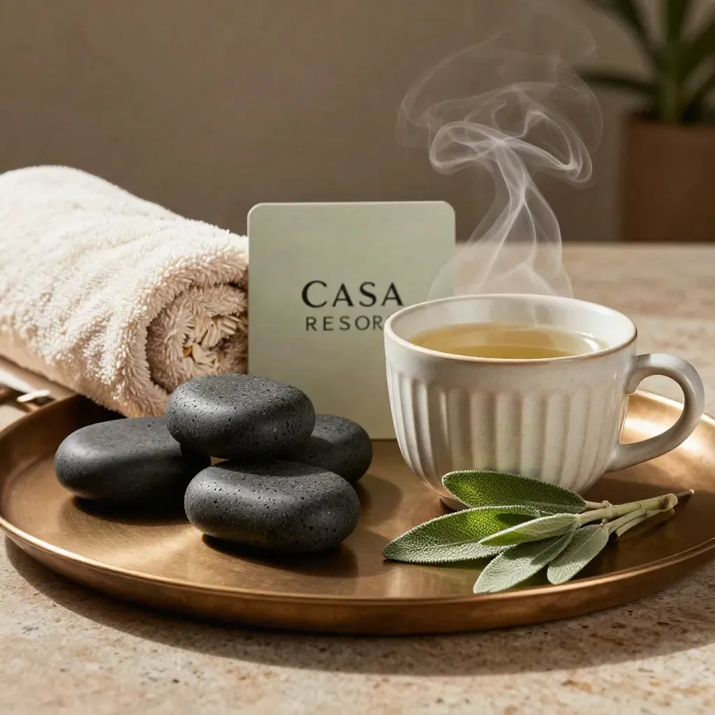 Pacchetto spa salvia con tisana fumante, pietre calde, telo arrotolato e foglie di salvia.