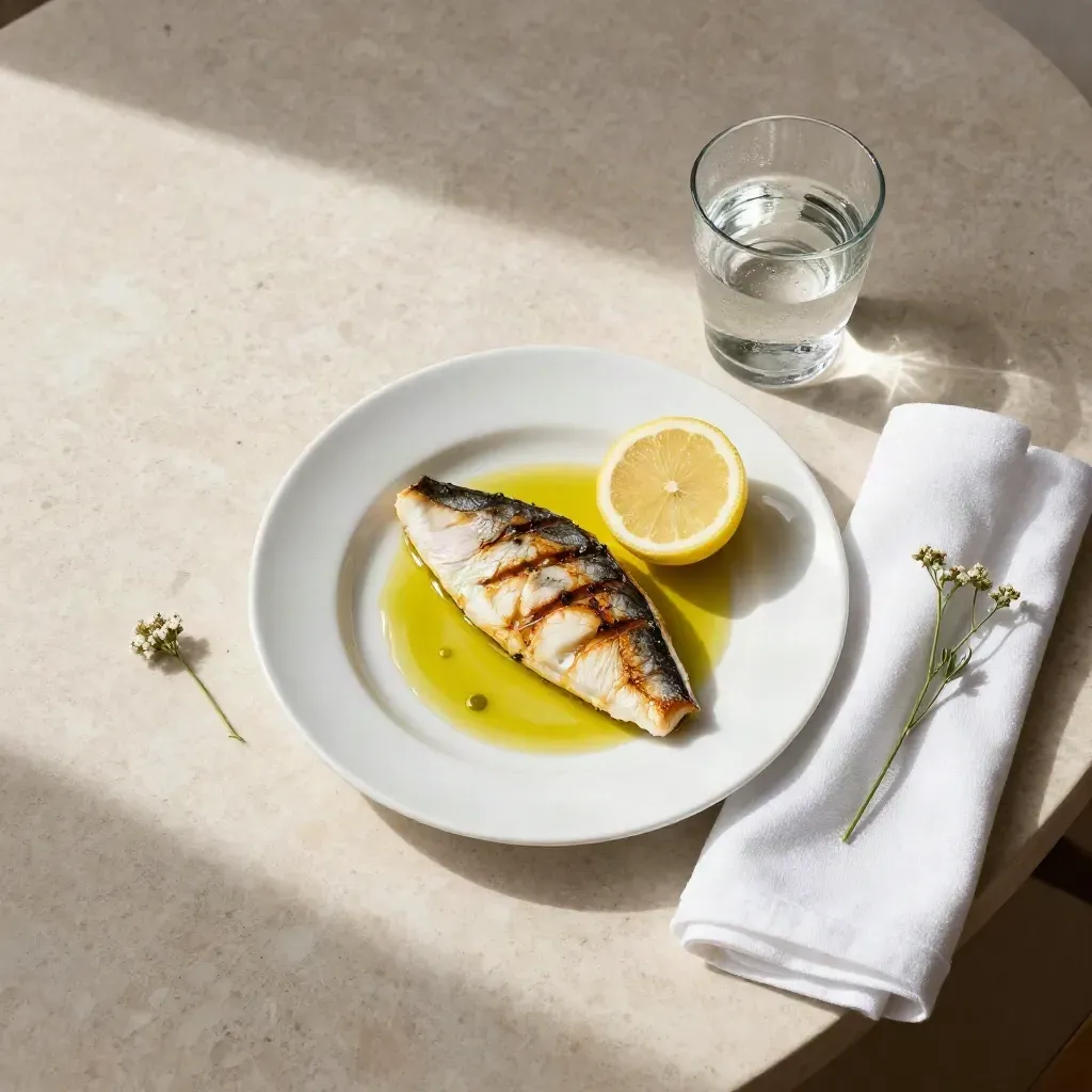Tavolo vista mare con piatto di pesce, acqua, limone, tovagliolo di lino e fiore di campo.