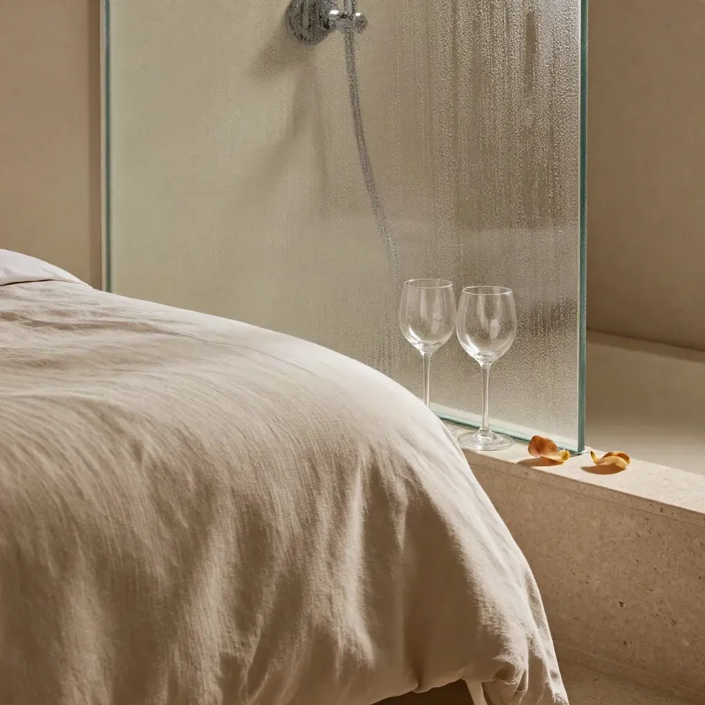 Suite romantica con letto king, vetro appannato, calici vuoti e petali su luce soffusa.