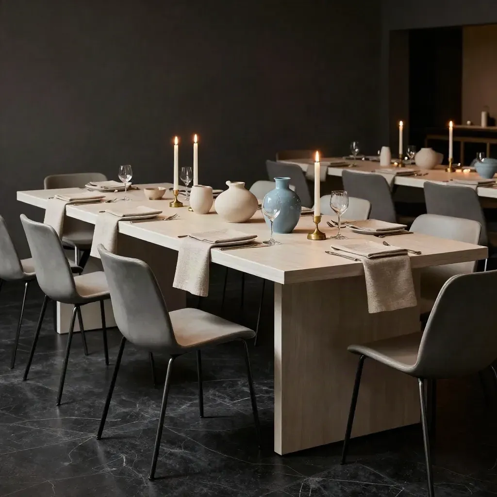 Sala pronta per cena privata, con tavolo modulare, sedie leggere e candele spente.