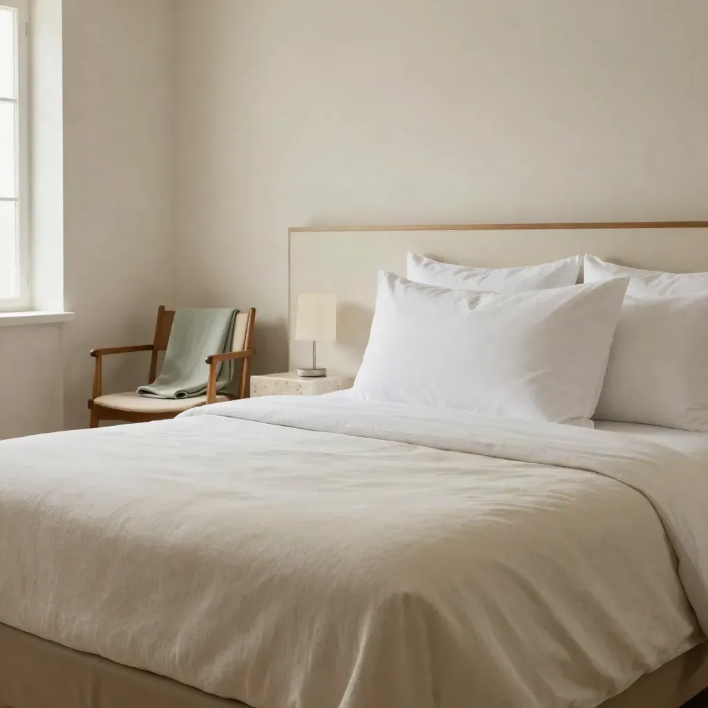 Camera classica elegante con letto doppio, copriletto crema, abat-jour spenta e sedia in legno.