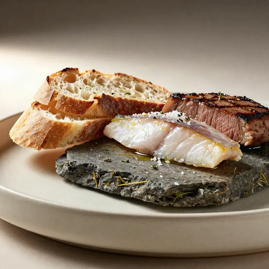 Macro di piatto composito con ceramica grezza, pane, erbe, pesce e carne su pietra