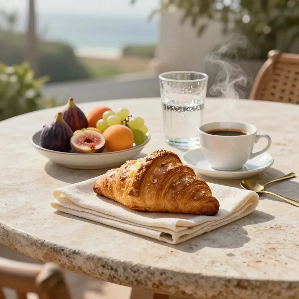Colazione in terrazza con croissant, frutta, caffè e acqua su lino, luce mattutina morbida