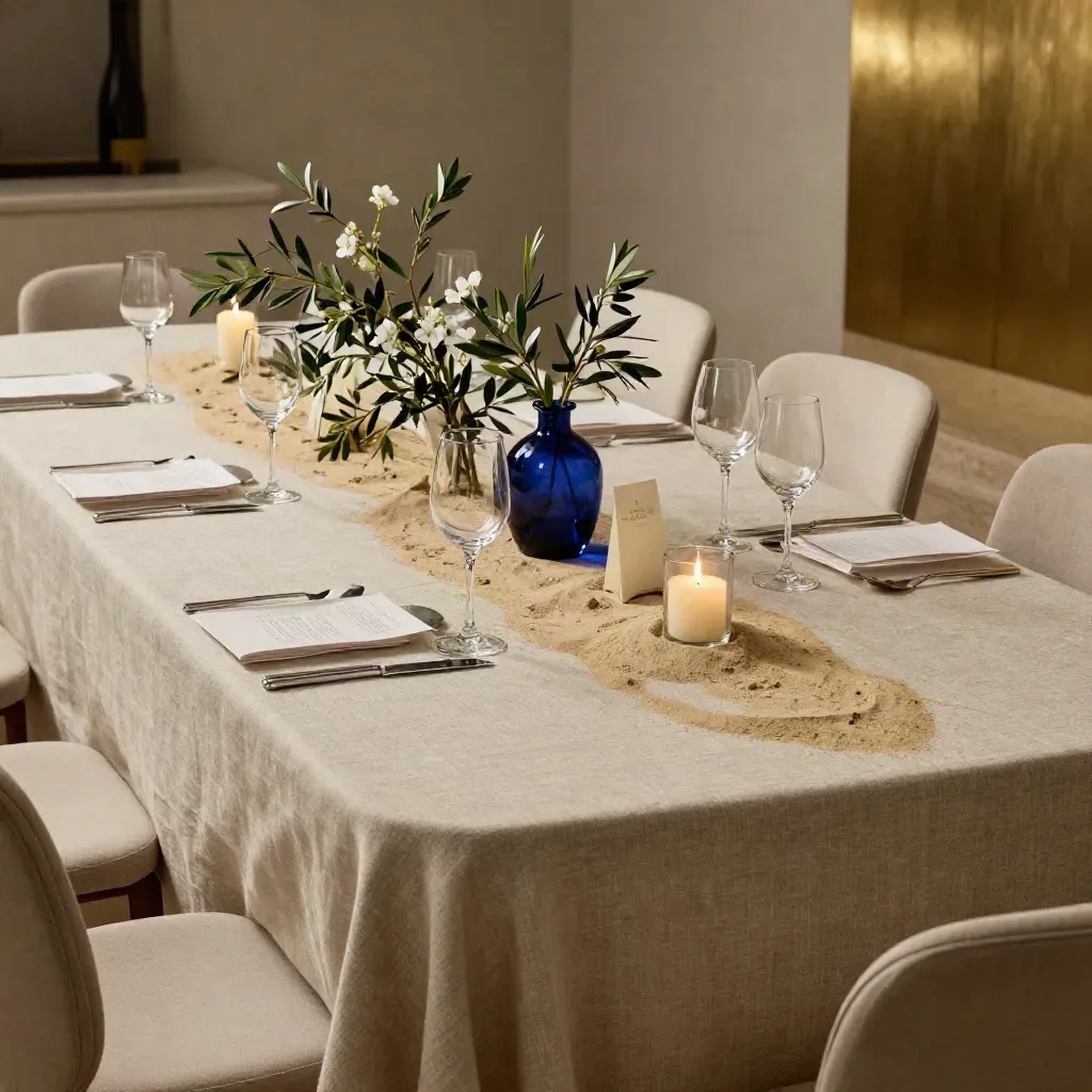 Tavolo lungo per festa privata in resort, con candele basse, bicchieri e sedie leggere.