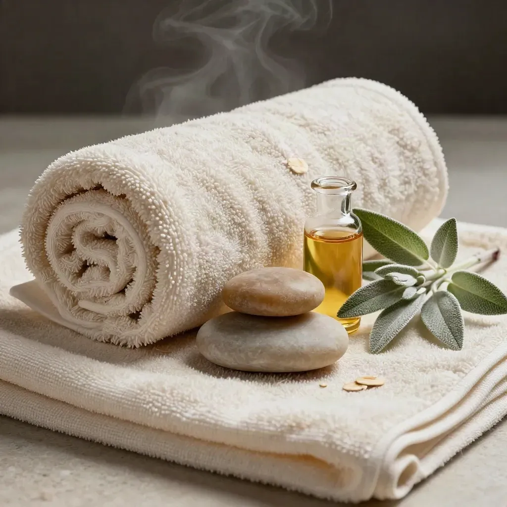 Asciugamano spa arrotolato, pietre lisce, olio e salvia su travertino.