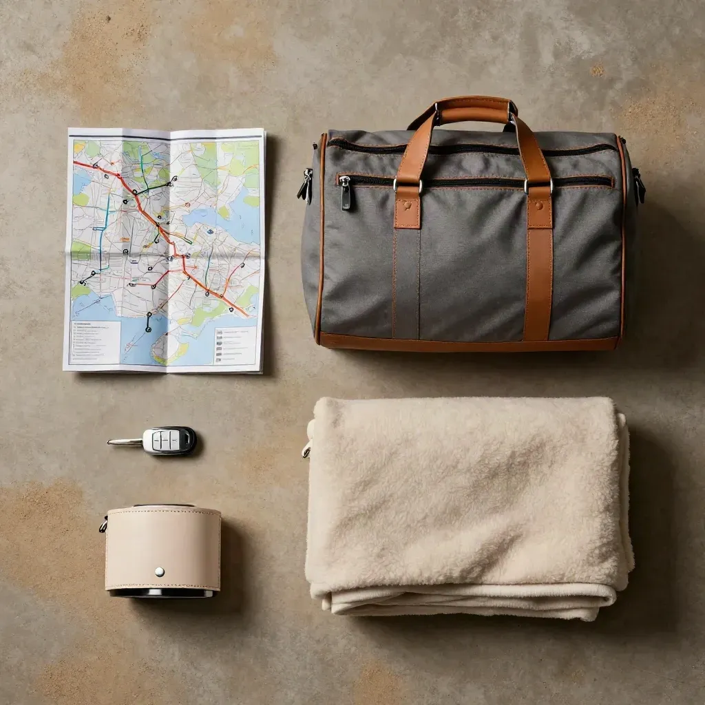 Flatlay dall’alto per transfer notturno con mappa piegata, chiave auto, borsa e coperta su pietra.