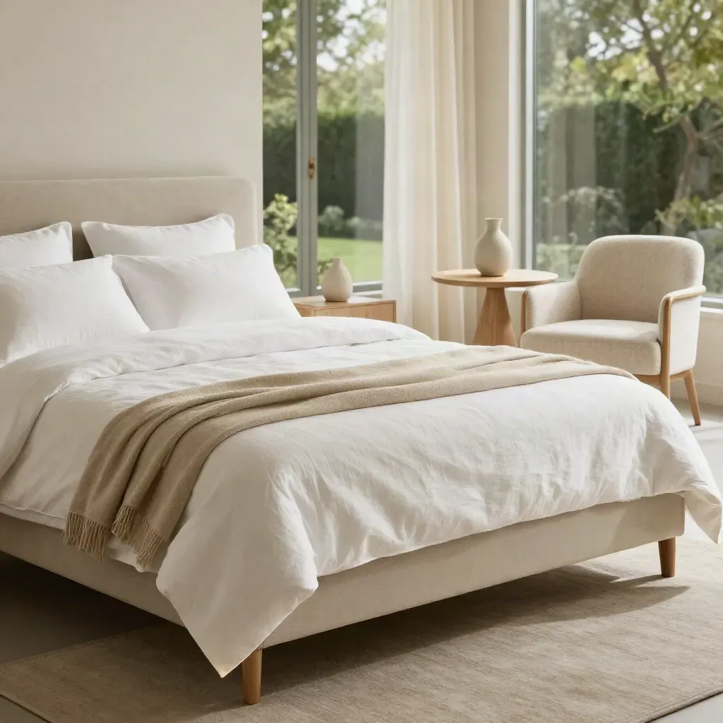Suite Sabbia con letto king, tessuti chiari e vista giardino al primo mattino.