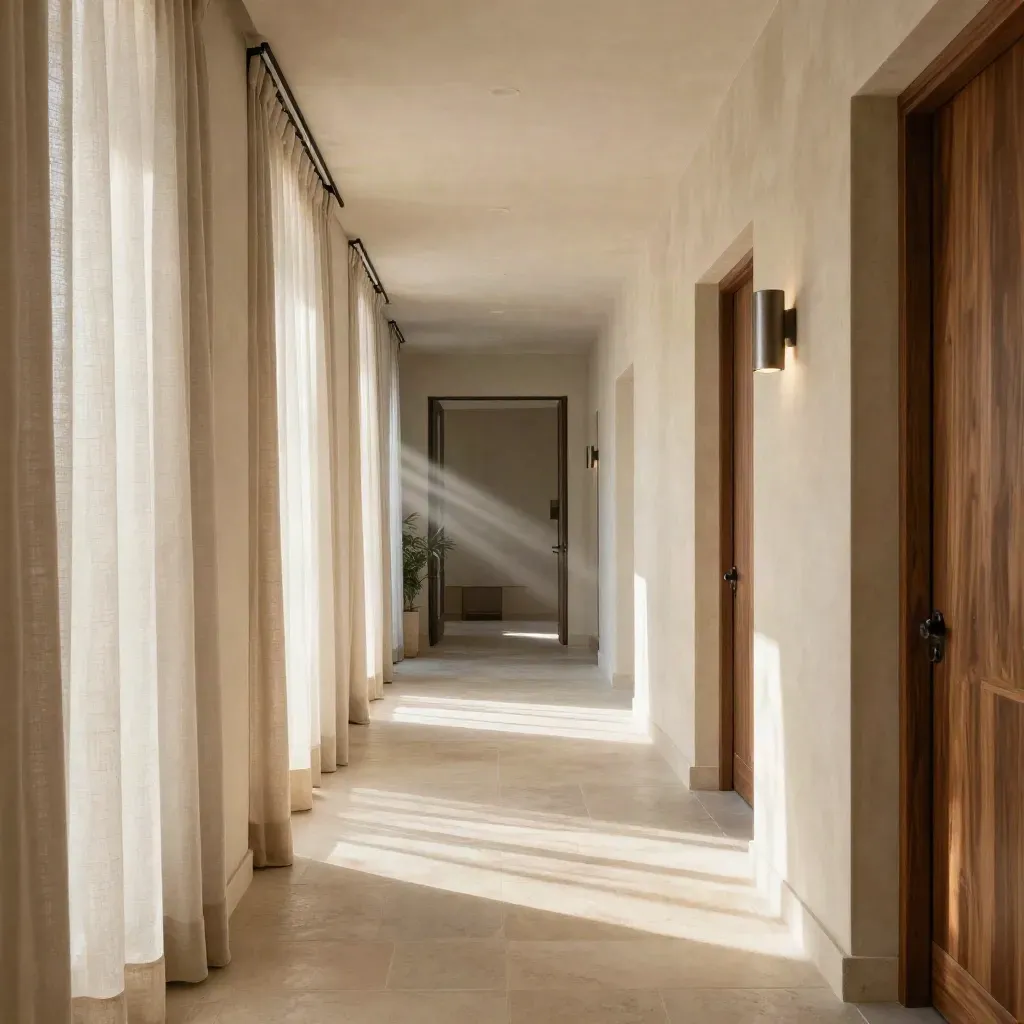 Corridoio boutique in pietra chiara con tende di lino e luce del mattino sul pavimento.