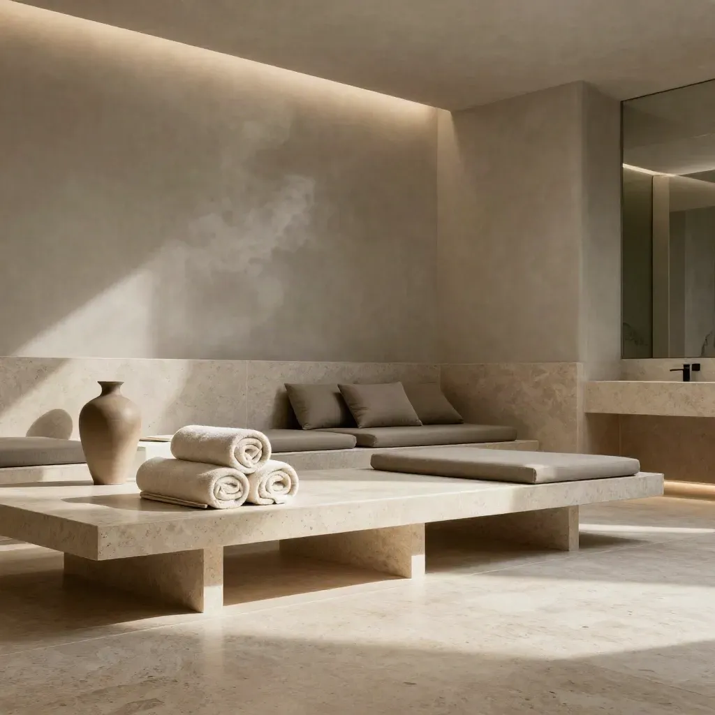 Lounge spa in travertino con asciugamani arrotolati, vaso opaco e vapore soffuso.