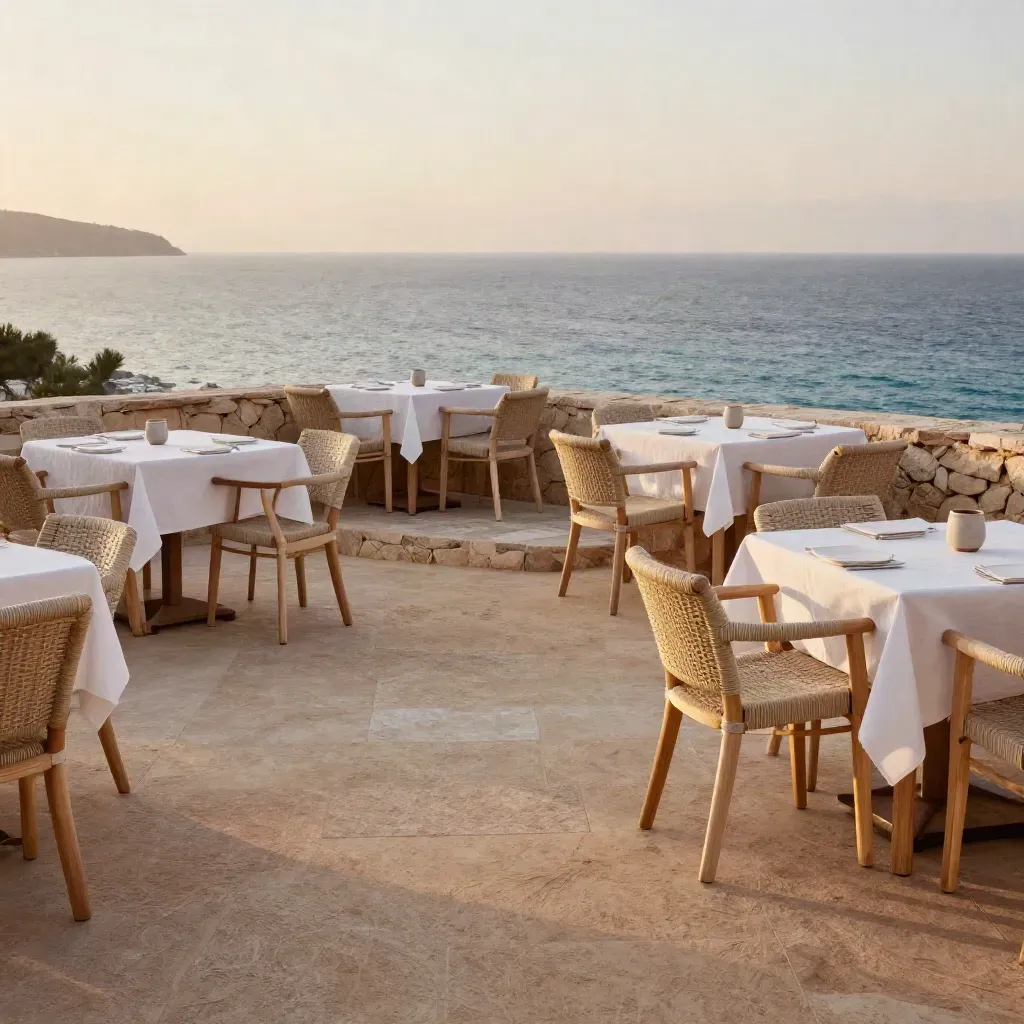 Terrazza ristorante sul mare con tavoli bianchi e sedute intrecciate al tramonto