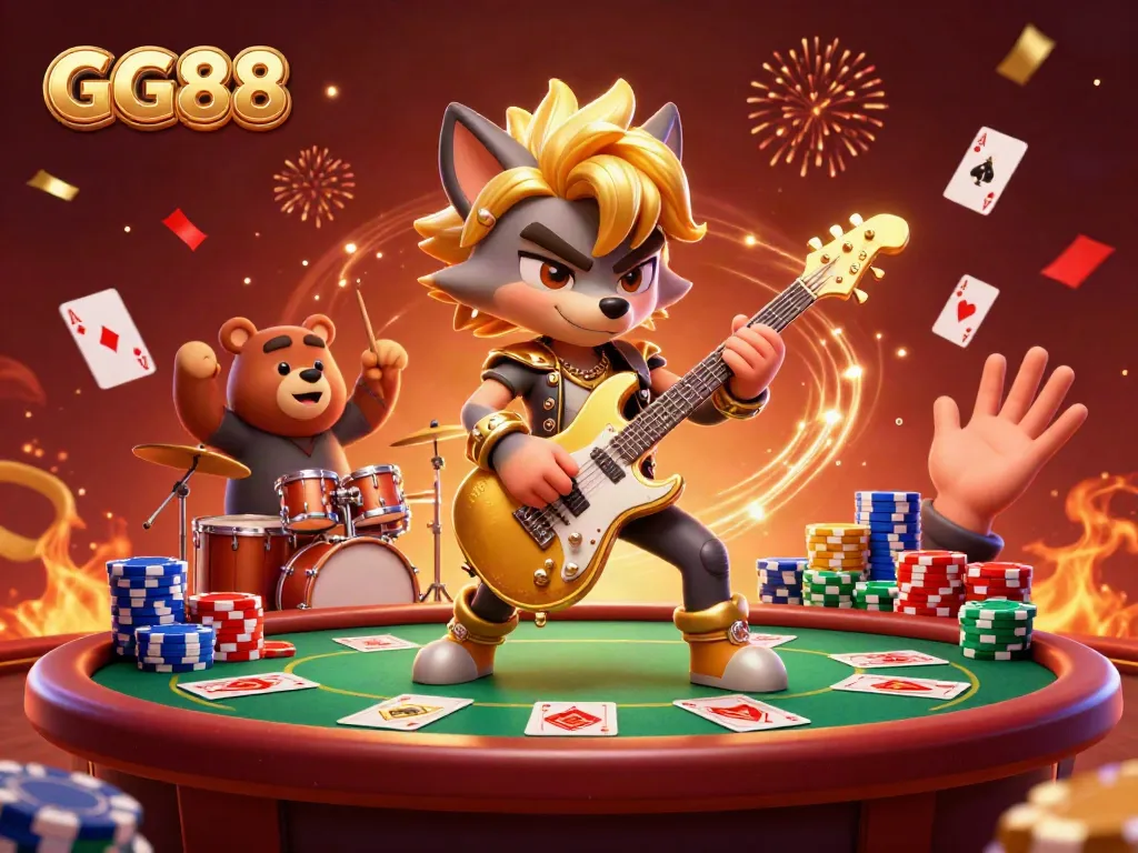 Rock star wolf performing on stage with poker chips and confetti, celebrating GG88's casino experience.